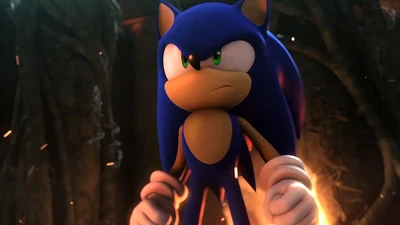 Sonic standing in front of the fire.