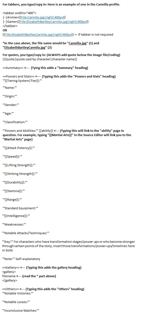 standard format for character profiles vs battles wiki fandom