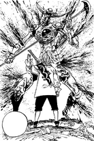 Meliodas slashing Galand