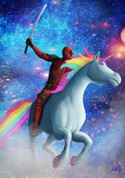 Deadpool rides a unicorn