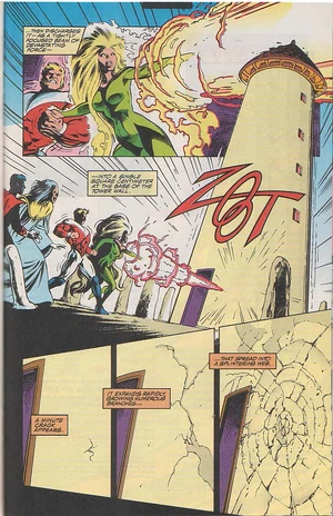 Captain Britain + Meggan infused with the Energy Matrix destroy the Tower Matrix on Every Level of Reality (1) Captain Britain + Meggan infused with the Energy Matrix destroy the Tower Matrix on Every Level of Reality (1)