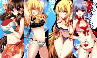 Konachan.com - 56600 bikini blonde hair blue hair blush brown hair drink flowers hakurei reimu long hair red eyes ribbons short hair swimsuit touhou yakumo yukari