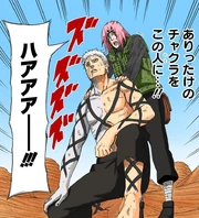 Sakura wrapping her seal around Obito
