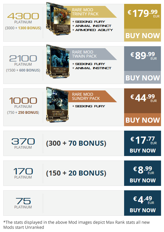 warframe platinum prices