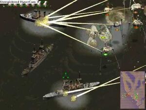 Tripods using Heat Rays on Ironclad Battleships.