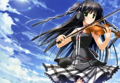 Image Headphones Green Eyes Violins Instruments Anime Girls Black