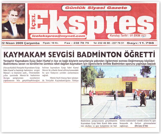 Kaymakam sevgisi badminton öğretti - İçel ekspres gazetesi 22 nisan 2009