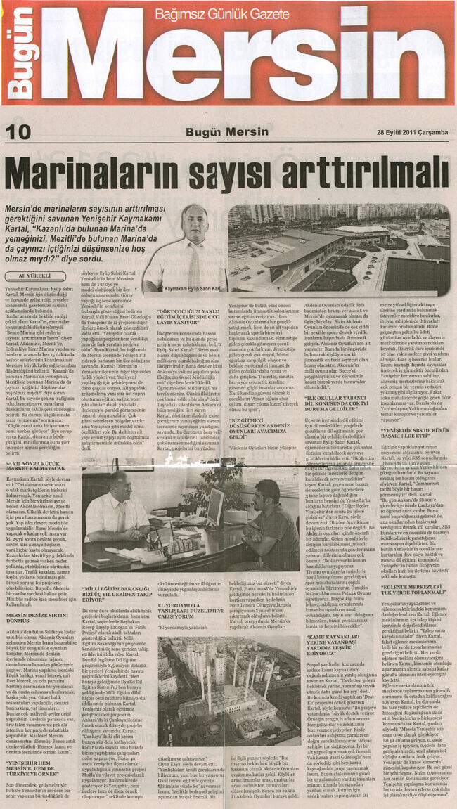 Marinaların sayısı artırılmallı 28 Eylül Bugün Mersin Gazetesi Haber tam boyut