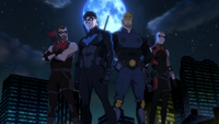 Red Arrow, Nightwing, Guardian, and Arsenal pose