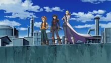 Yusei Jack y Cuervo ante el Puente Dedalo